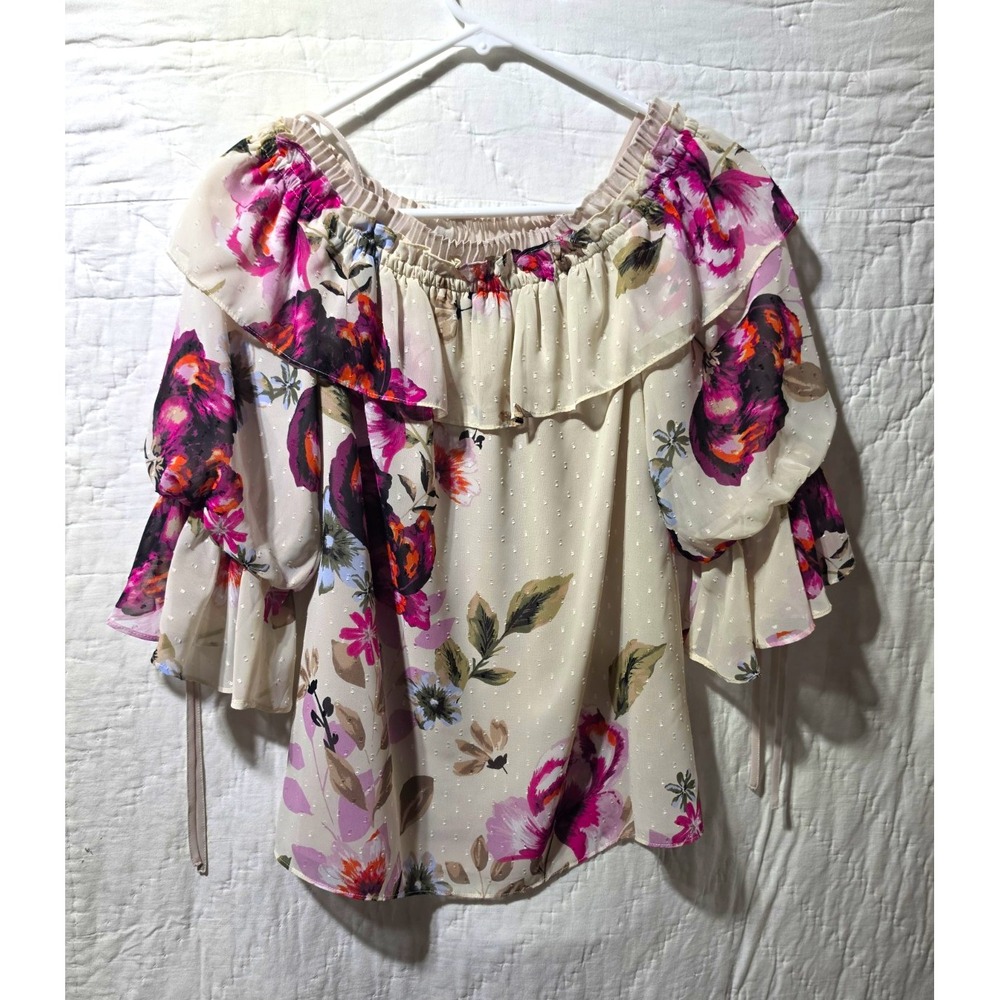 White House Black Market Off Shoulder Floral Ruffle Chiffon Blouse Lined S boho